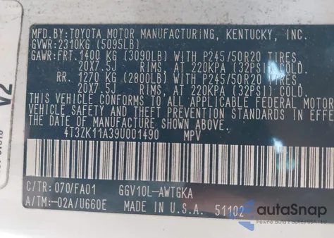 2009 Toyota Venza Base V6 from USA, damaged, VIN 4T3ZK11A39U001490